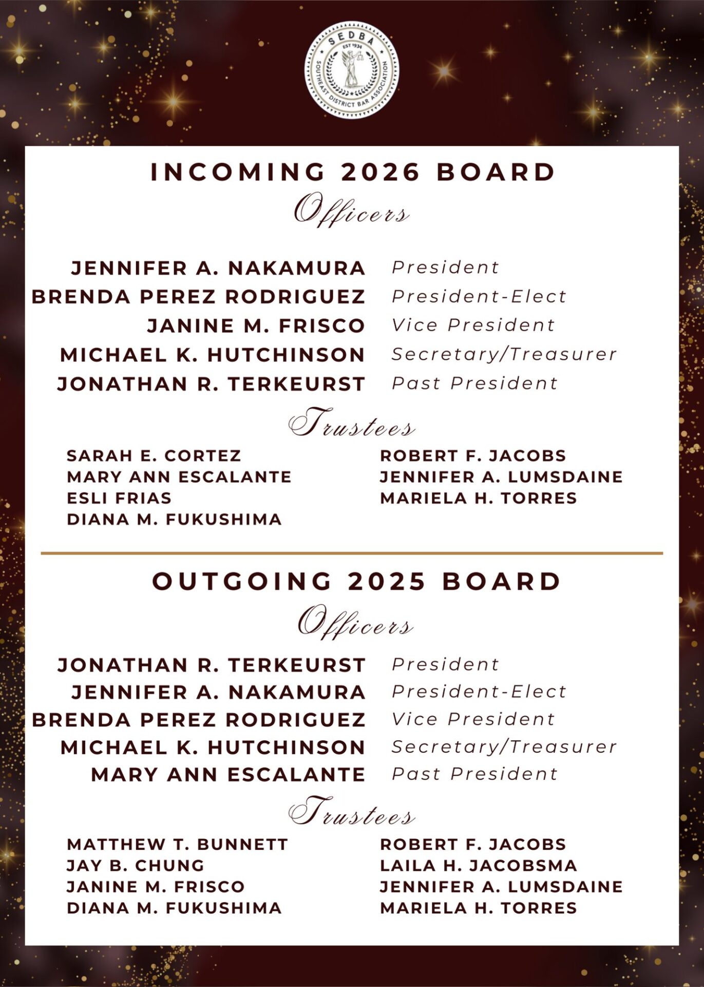SEDBA 2026 Incoming and Outgoing Board