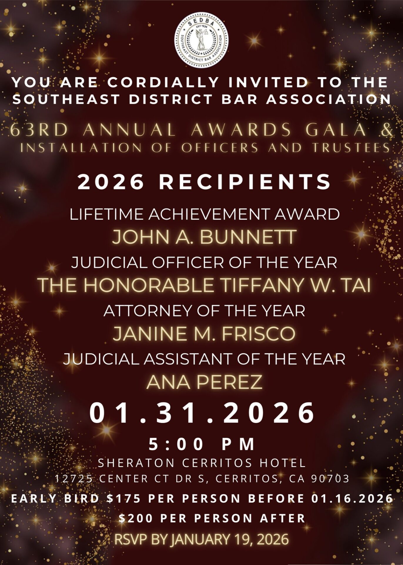 SEDBA 2026 Recipients Lifetime Achievement Award Judicial Officer of the Year Attorney of the Year Judicial Assistant of the Year 01/31/2026